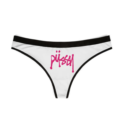 Elegant view of women's thong panties with a striking 'Pussy' graphic in pink, designed for modern femininity and self-expression.