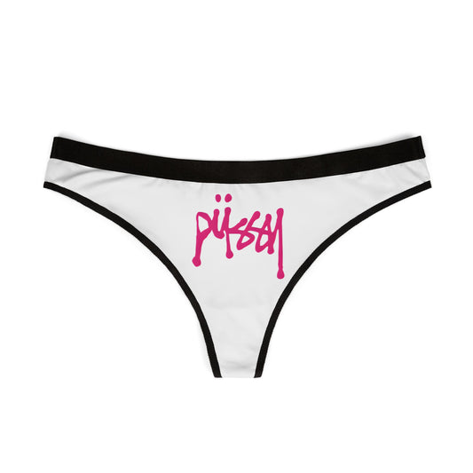 Elegant view of women's thong panties with a striking 'Pussy' graphic in pink, designed for modern femininity and self-expression.