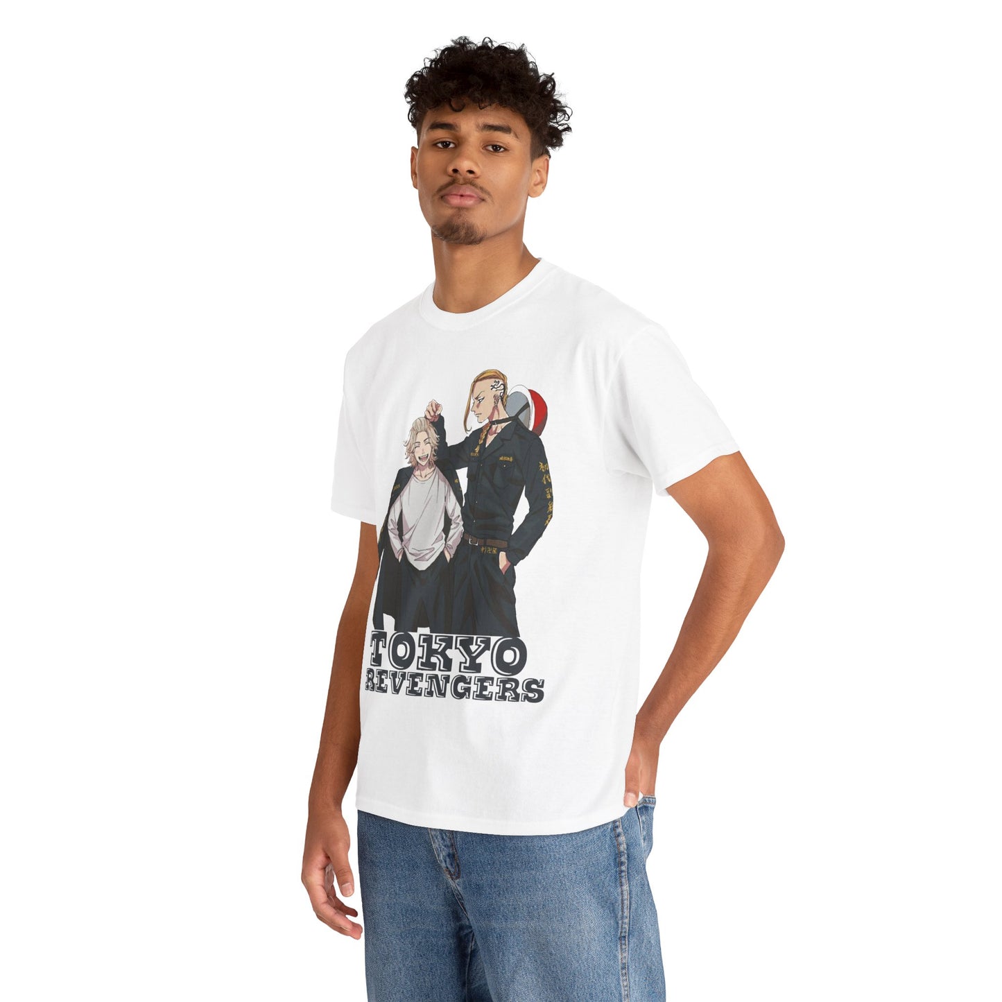 Model wearing an upscale Tokyo Revengers t-shirt, featuring iconic anime characters, ideal for expressing fandom with sophisticated style.