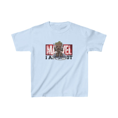 Luxurious unisex kids cotton T-shirt featuring a playful 'I Am Groot' graphic, perfect for young Marvel fans. Available in a soft light blue shade, it combines comfort with stylish fandom expression.