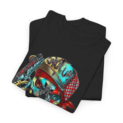 Luxury presentation of two folded black t-shirts featuring a striking skull design, ideal for fashion-forward individuals seeking bold styles.