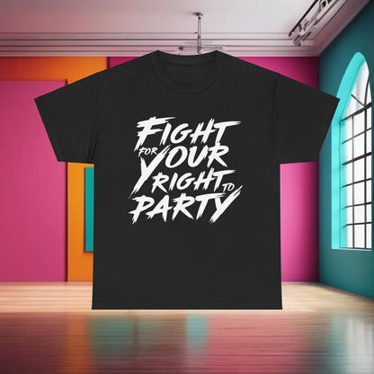 Fight for Your Right Graphic T-Shirt in black, elegantly showcasing bold white typography, an essential piece for those embracing a trendy lifestyle.