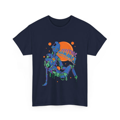 Artistic front view of a navy blue men's t-shirt adorned with vibrant futuristic robot graphic, embodying a blend of style and imagination.