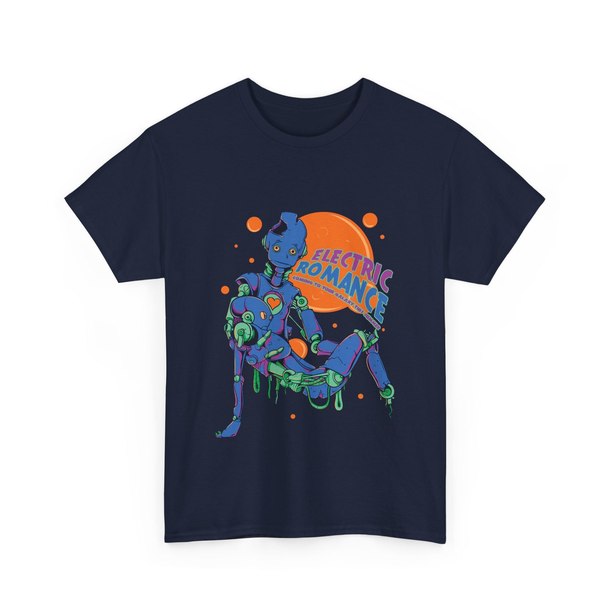 Electric Romance men's t-shirt in navy, embellished with striking robot illustration and bold cosmic elements, ideal for unique fashion statements.