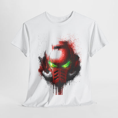 Luxurious unisex cotton t-shirt featuring an artistic splatter design of a striking red and green helmet, epitomising a blend of humor and futuristic flair.
