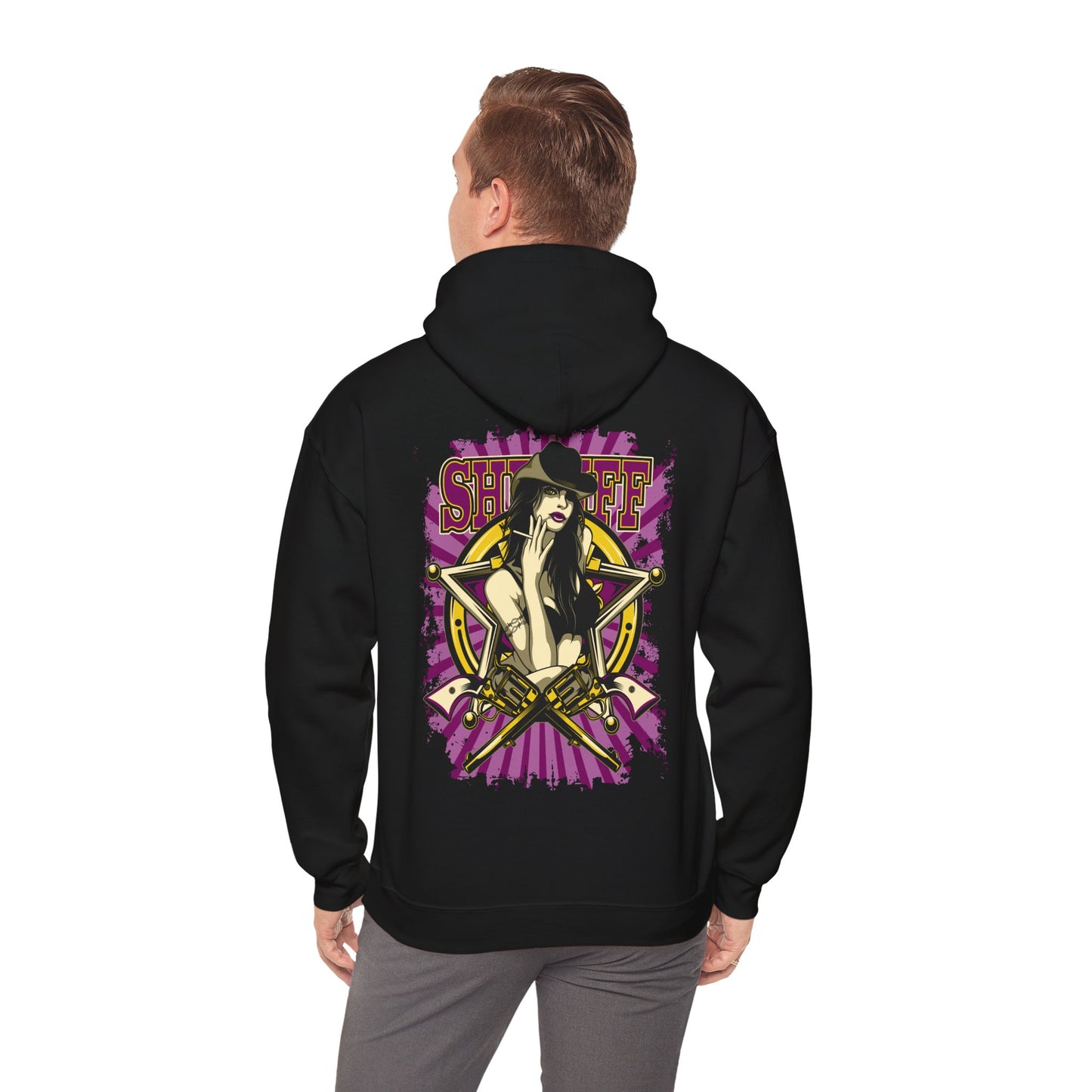 Back view of a stylish black Empowered Sheriff hoodie displaying a glamorous design with a powerful female figure and golden elements, perfect for bold fashion enthusiasts.