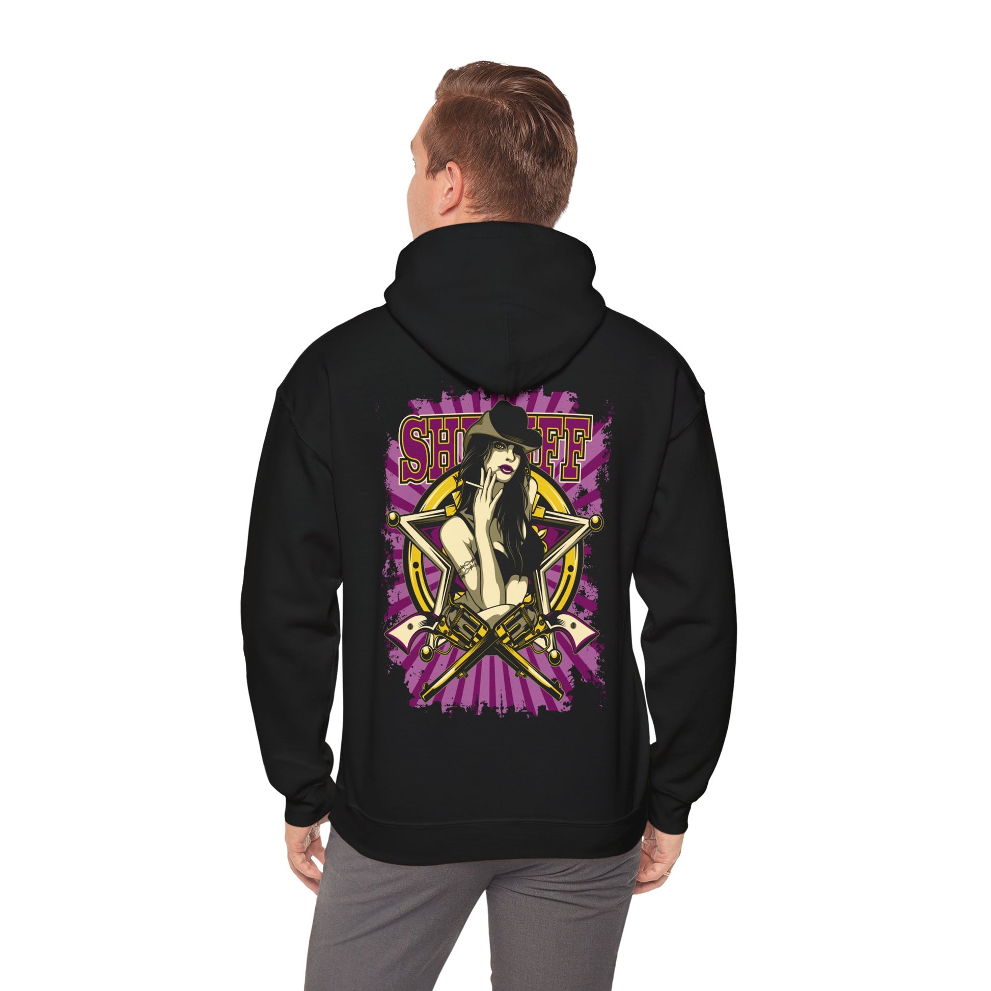 Back view of a stylish black Empowered Sheriff hoodie displaying a glamorous design with a powerful female figure and golden elements, perfect for bold fashion enthusiasts.