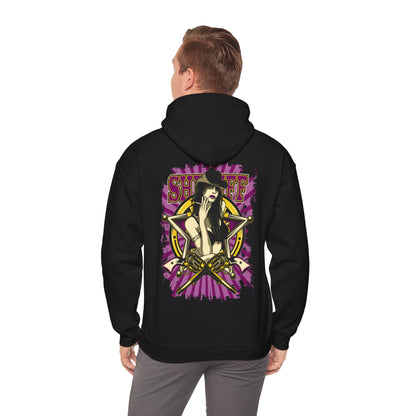 Back view of a stylish black Empowered Sheriff hoodie displaying a glamorous design with a powerful female figure and golden elements, perfect for bold fashion enthusiasts.