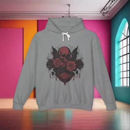 Elegant Unisex Lightweight Hooded Sweatshirt in grey adorned with a unique skull and roses print, showcased in a chic indoor environment.