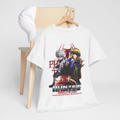 Stylish presentation of the Hunter x Hunter T-shirt draped over a chic wooden chair, paired with a white cap, exuding modern elegance and anime-inspired fashion.