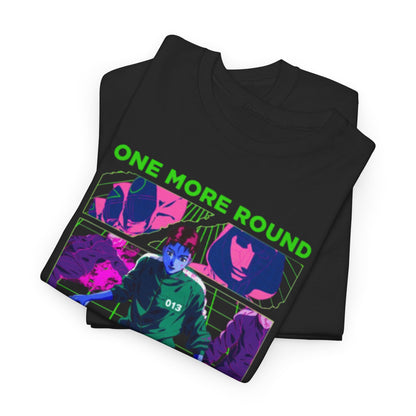 Stylish folded Squid Game graphic tee showcasing vivid artwork and the phrase 'One More Round', ideal for trendy urban wear.