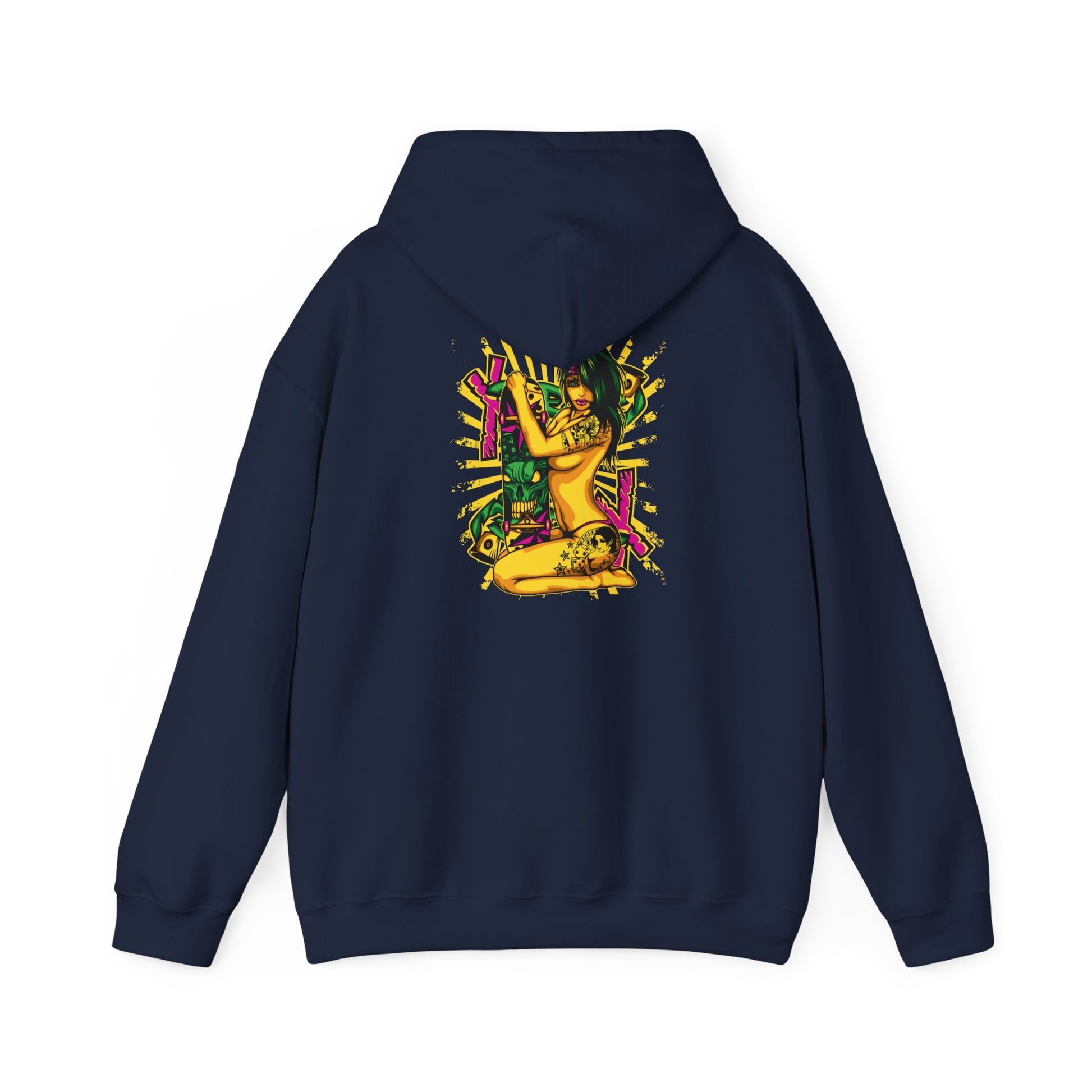 Exquisite navy hoodie featuring a striking pop art design on the back, showcasing an elegant woman with tattoos and a skateboard, perfect for adding a touch of artistic flair to your wardrobe.