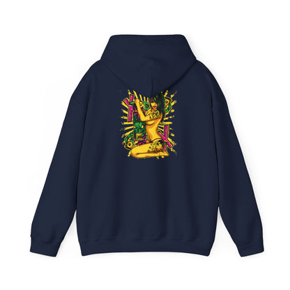 Exquisite navy hoodie featuring a striking pop art design on the back, showcasing an elegant woman with tattoos and a skateboard, perfect for adding a touch of artistic flair to your wardrobe.