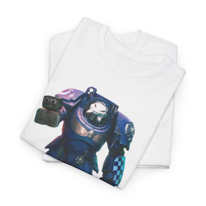 Folded WarHammer graphic tees displaying a dynamic blue warrior design, combining comfort and style for discerning fans of cosmic creativity.