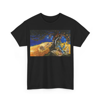 Discworld Reaper Man Graphic Unisex Tee featuring a luxurious design inspired by Terry Pratchett’s masterpiece, showcasing vibrant artwork of Death under a mystical tree.