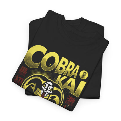 Stylishly folded Cobra Kai t-shirts with a dynamic coiled snake design, highlighting quality fabric and premium craftsmanship for discerning martial arts enthusiasts.