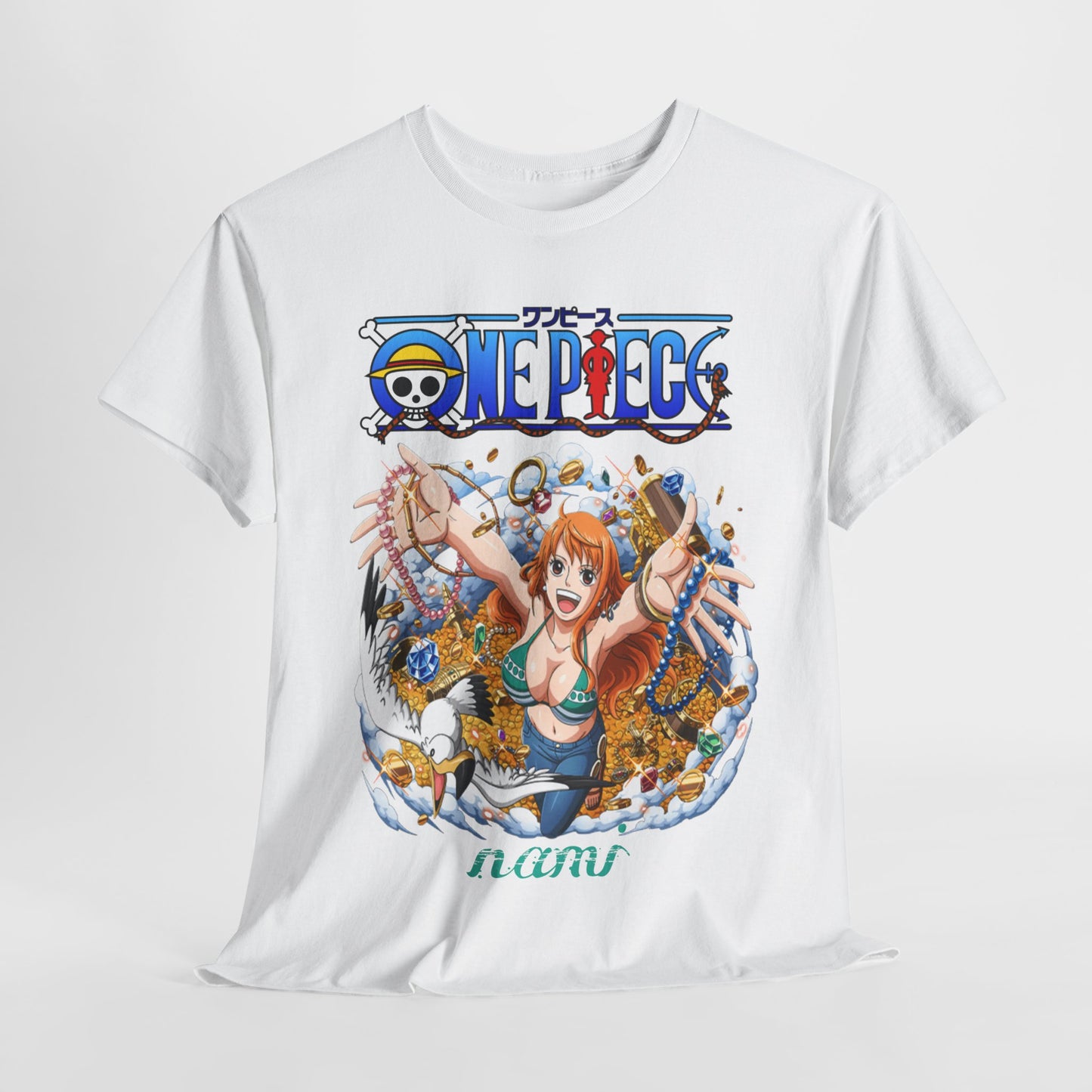 Close-up view of a white t-shirt featuring Nami from One Piece, celebrating adventure and treasure, an exquisite addition to any premium wardrobe.