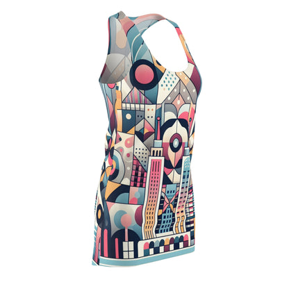 Model wearing the Sebastian Belleau Barcelona Racerback Dress - Pastel Inspired Fashion Statement Piece, embodying stylish comfort and elegance.