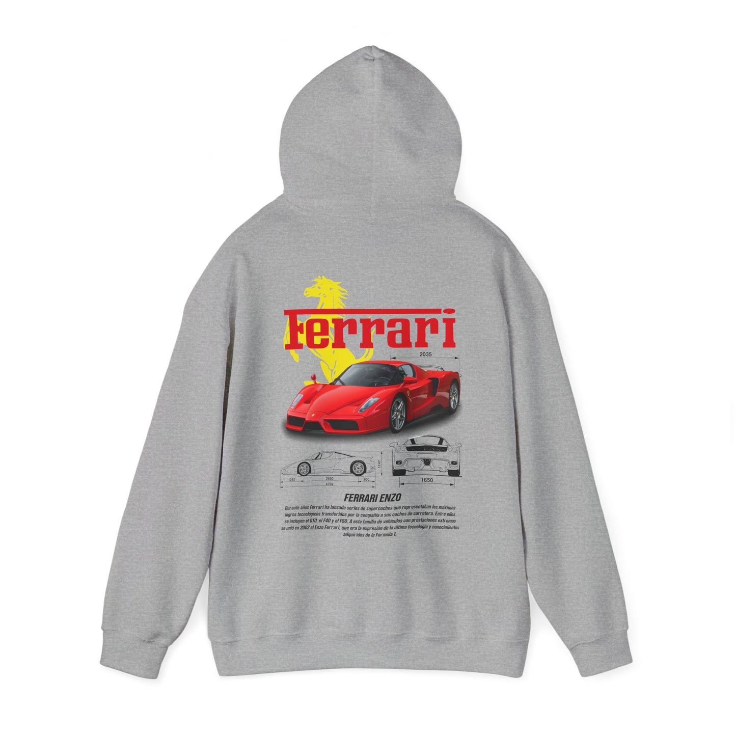 Grey Ferrari Enzo back print hoodie highlighting luxurious details and vibrant graphics, suitable for stylish casual wear.