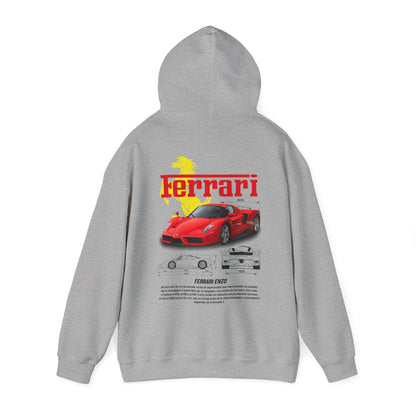 Grey Ferrari Enzo back print hoodie highlighting luxurious details and vibrant graphics, suitable for stylish casual wear.