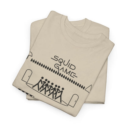 Elegant stacked beige t-shirts showcasing the iconic Squid Game design, ideal for a stylish yet casual wardrobe.