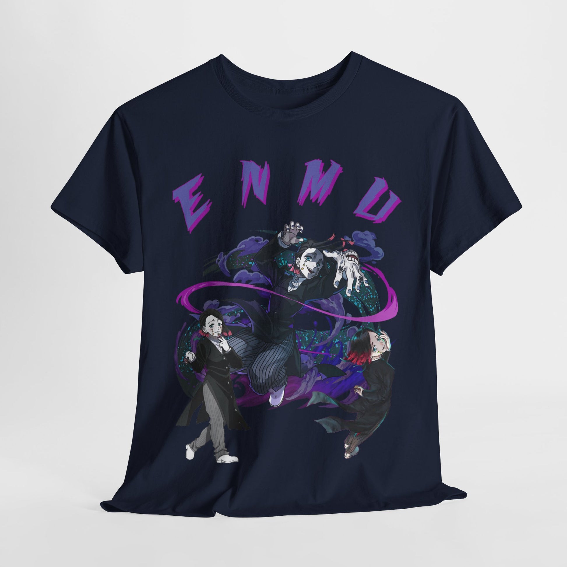 Luxurious navy blue Enmu graphic T-shirt laid flat, showcasing dynamic character illustrations against a mystical background, perfect for anime aficionados.