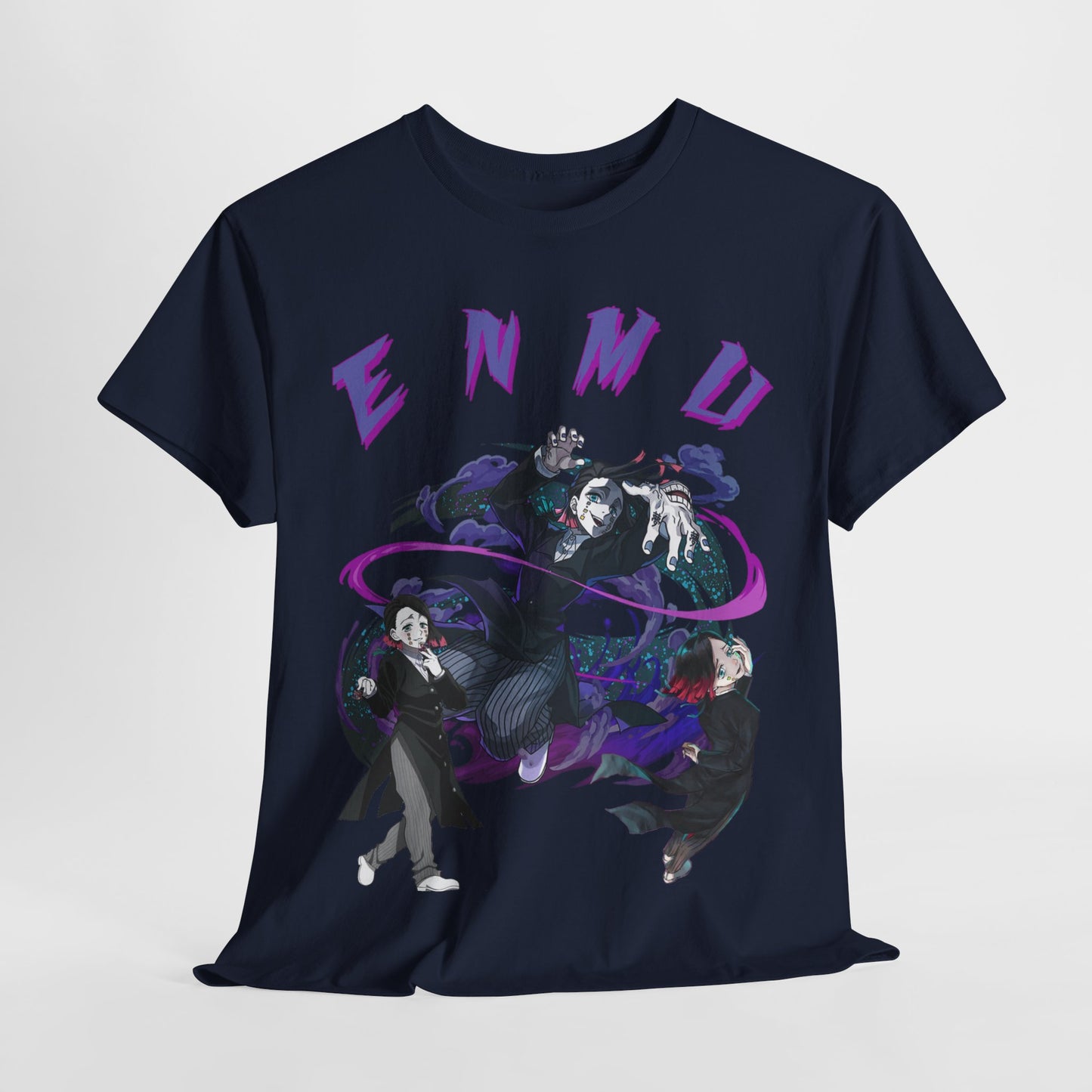 Close-up of the eye-catching 'ENMU' graphic T-shirt, showcasing intricate detailing and vibrant colours, designed for those who embrace luxurious anime-inspired fashion.