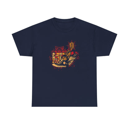 Elegant navy grunge-inspired men's t-shirt showcasing a striking artistic print of sneakers and a vintage microphone, adorned with the insightful quote 'SINCE WE CANNOT GET WHAT WE LIKE; LET US LIKE WHAT WE GET' in rich colours.