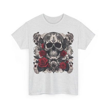 Skulls and Roses Cotton Tee featuring a striking skull and red roses graphic, perfect for bold fashion statements.