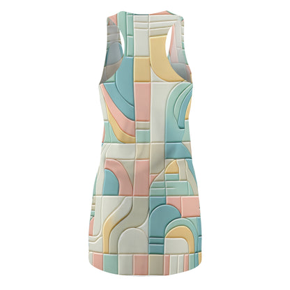 Close-up view of the Saxon Belle Racerback Dress in Pastel Hues showcasing mint green and gentle yellow geometric shapes, exuding a minimalist charm.