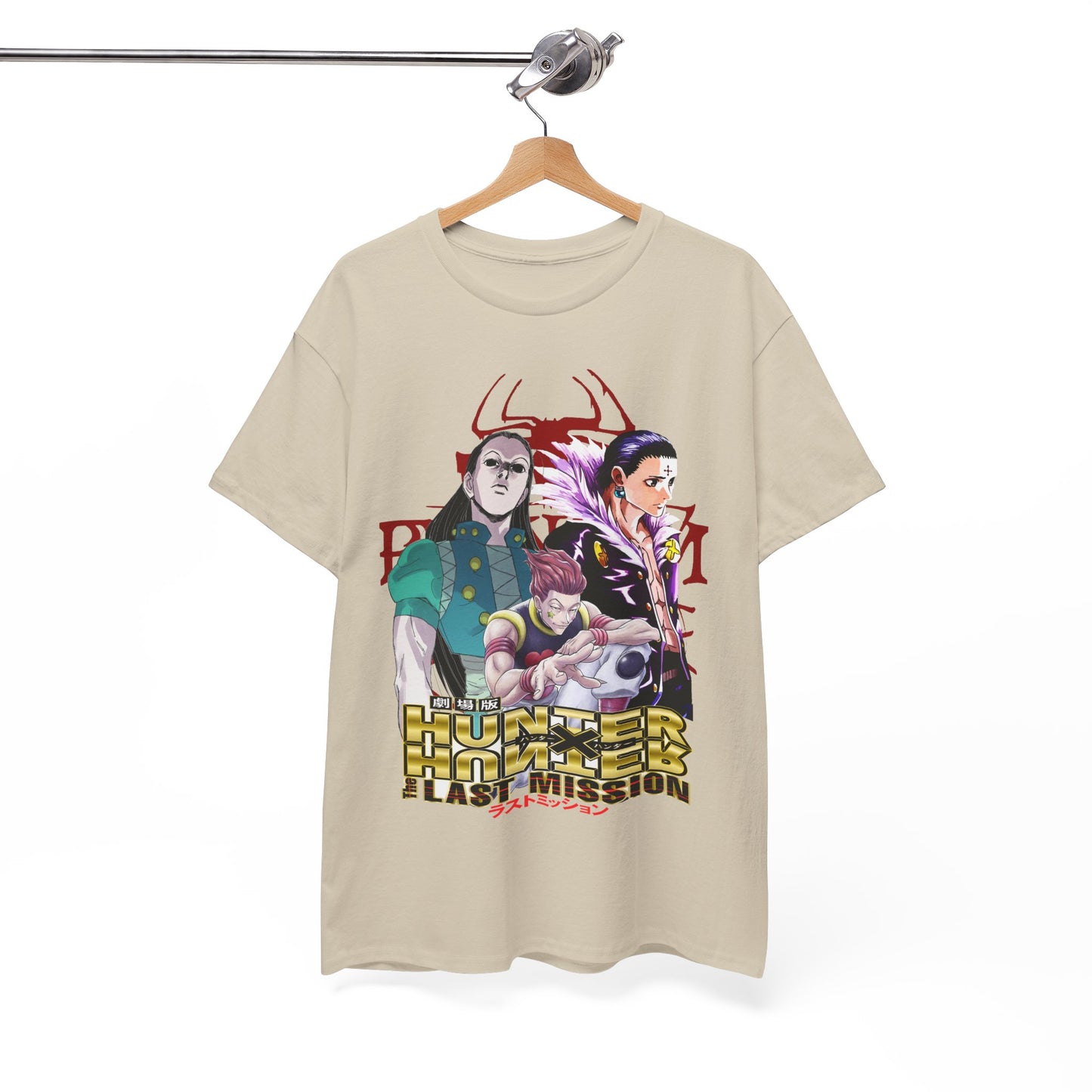 Elegant Hunter x Hunter T-shirt artistically hung, presenting a captivating graphic of key characters, reflecting anime excellence.