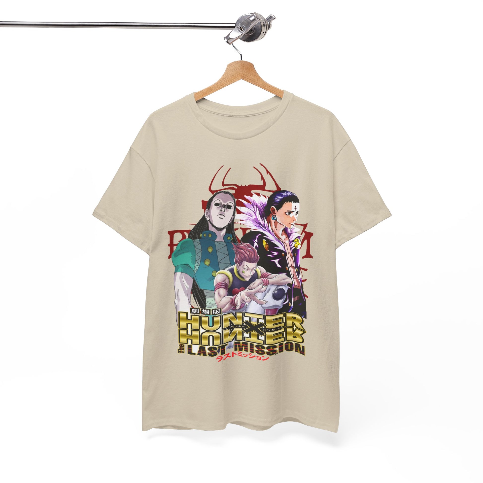 Elegant Hunter x Hunter T-shirt artistically hung, presenting a captivating graphic of key characters, reflecting anime excellence.
