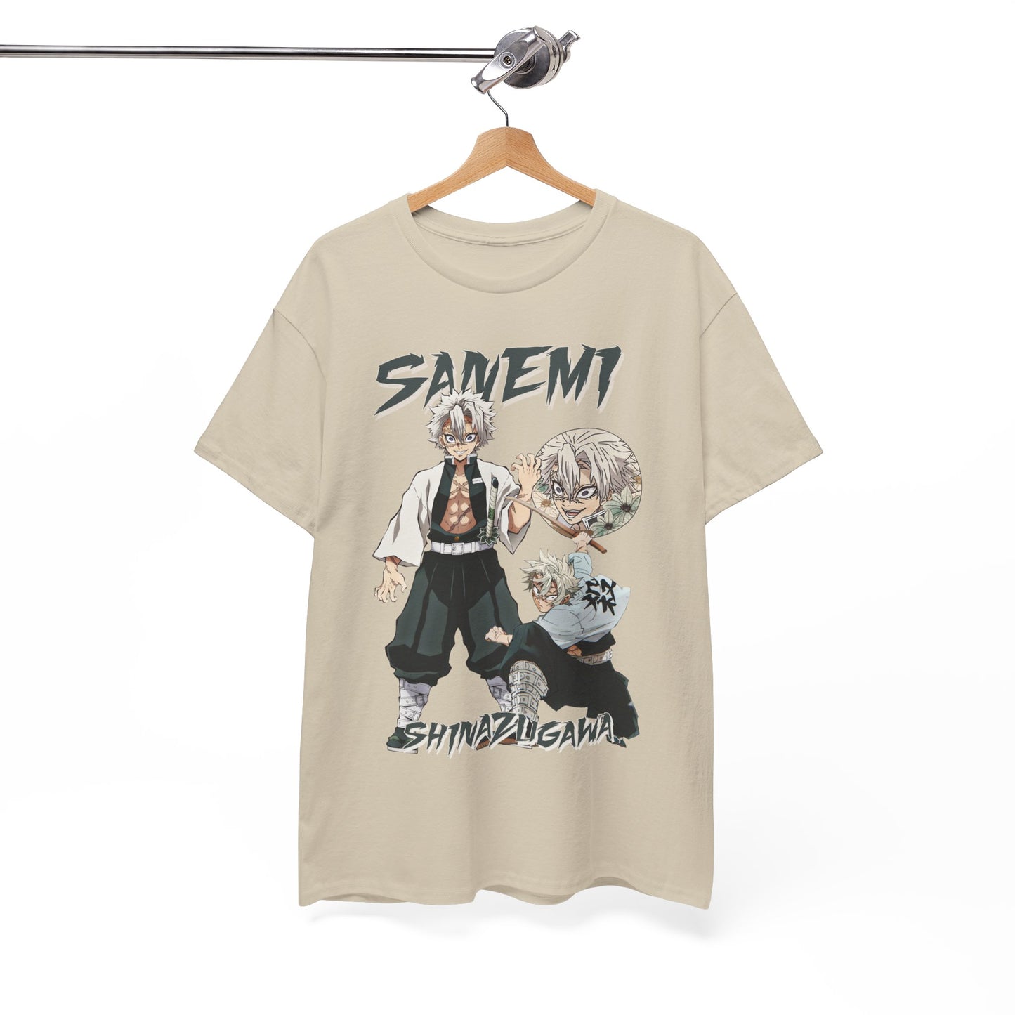Luxurious Sanemi Shinazugawa T-shirt adorned with vibrant artwork, featuring a striking illustration of the anime character Sanemi in action, set against a neutral background, perfect for anime aficionados.