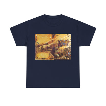 Refined Discworld Color of Magic Graphic Unisex Tee Shirt in navy, showcasing intricate designs from Terry Pratchett’s magical narrative, perfect for fans of high-end literary fashion.