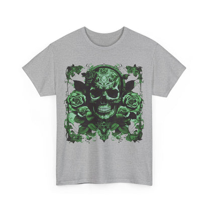 Front view of the Skulls and Roses Cotton Tee in grey, featuring an intricate green skull and rose graphic, ideal for casual outings and concerts.