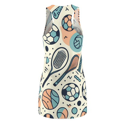 Close-up of the Pastel Racerback Sports Pattern Dress showcasing its unique abstract art with various sports motifs, perfect for an energetic yet stylish outfit.