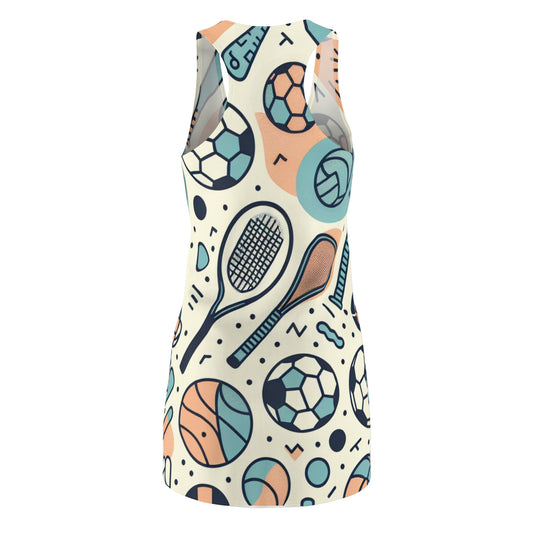 Close-up of the Pastel Racerback Sports Pattern Dress showcasing its unique abstract art with various sports motifs, perfect for an energetic yet stylish outfit.