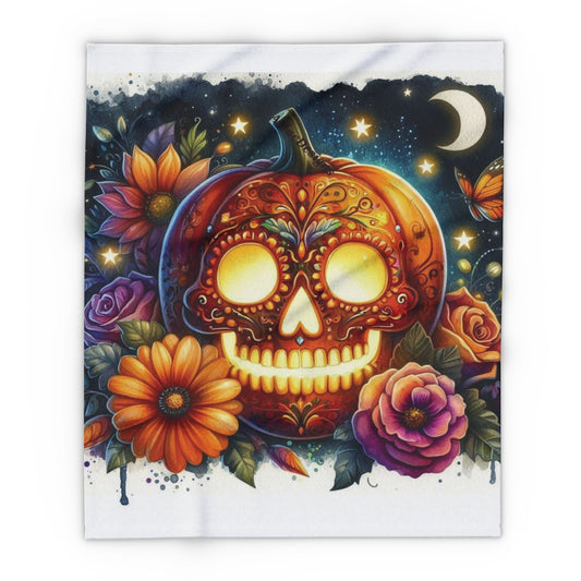 Luxurious Decorative and Warm Halloween Skellington Spooky Arctic Fleece Blanket featuring an artistic design of a skull pumpkin adorned with flowers and butterflies against a starry night background, ideal for cosy nights.