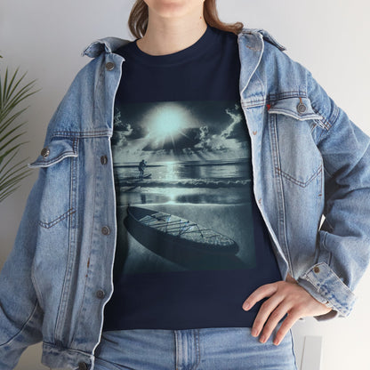 Model wearing the Elegant Paddle Board T-Shirt by Dazzling Dreams Studio, styled for a casual outdoor adventure or beach day.