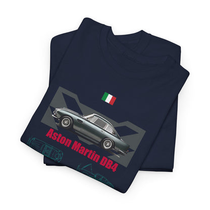 Two folded navy men's t-shirts showcasing the Aston Martin DB4 design, featuring intricate detailing and a statement graphic for car lovers.