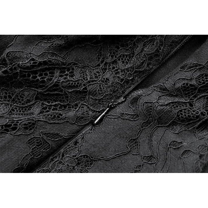 Side profile of the Dark In Love Morwenna Black Gothic Maxi Dress, demonstrating the high-low hemline and elegant flow of the lace skirt with fitted inner mini dress.