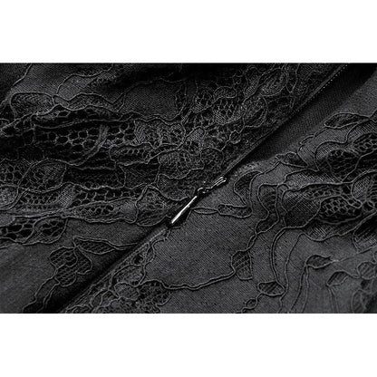 Side profile of the Dark In Love Morwenna Black Gothic Maxi Dress, demonstrating the high-low hemline and elegant flow of the lace skirt with fitted inner mini dress.