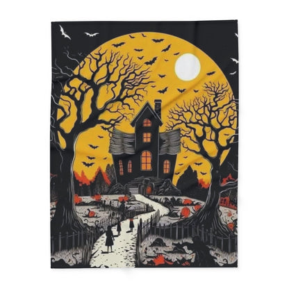 Decorative and Warm Halloween Spooky Arctic Fleece Blanket with haunting imagery of a spectral house, silhouetted trees, and a glowing moon, perfect for enhancing your luxurious Halloween experience.