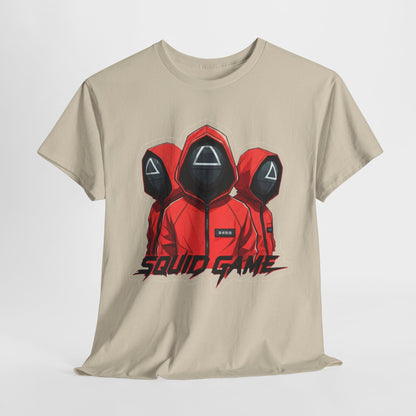 Luxury Squid Game Unisex Men’s Women’s Graphic Cotton Funny T-Shirt Tee featuring an exquisite print of three iconic red-hooded figures, elegantly designed against a soft beige background. This shirt is a stylish tribute to pop culture, ideal for trendsetters seeking to make a statement.