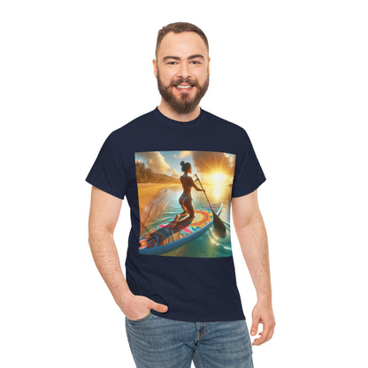 Multiple sizes of the Delightful Paddleboarding T-Shirt by Dazzling Dreams Studio displayed neatly, catering to diverse paddleboarding enthusiasts with a passion for luxury adventure wear.