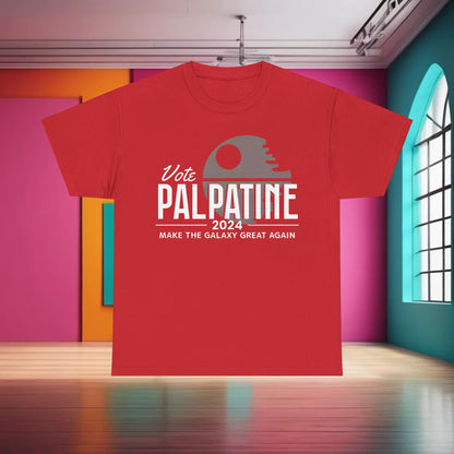 Vote Palpatine Star Wars Graphic T-Shirt in vibrant red, featuring an eye-catching Death Star graphic and the witty phrase 'Make the Galaxy Great Again', perfect for those who appreciate artful fashion.