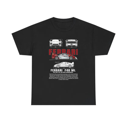 Elegant black T-shirt displaying Ferrari F40 Marlboro graphic design, featuring meticulous drawings of classic Ferrari models for automotive aficionados.