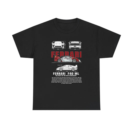 Elegant black T-shirt displaying Ferrari F40 Marlboro graphic design, featuring meticulous drawings of classic Ferrari models for automotive aficionados.
