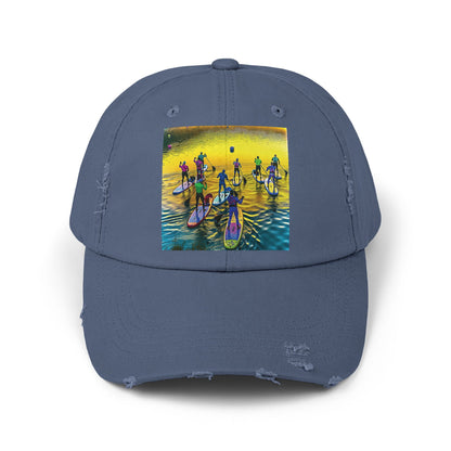 Unisex Distressed Paddleboarders Cap with an eye-catching fantasy design, ideal for beach and river escapades, portraying paddleboarders in vivid colours.