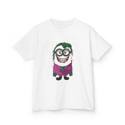 Minions Joker T-Shirt with a Minion styled as the Joker, featuring a purple suit and green hair. Perfect for kids who love funny T-shirt designs and the Minions.
